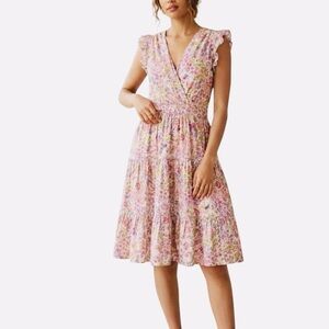 Taylor Flutter Sleeve Pink Floral Cotton Dress S Tiered Skirt Garden Party